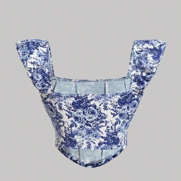 Blue and white floral print puff sleeve crop top - Picture 2 of 5